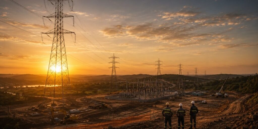 torres distribuicao energia campo trabalhadores carros subestação